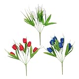 VICASKY 3 Stück Künstlicher Tulpenstrauß Teilig Rote Weiße Blaue Dekoration Kunststoff Realistische Blüten Unverwüstlich Für Büro Stressabbau