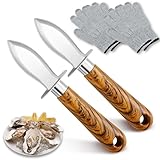 Unokit Austernmesser&Handschuhe 2 Stück, Profi-Austernmesser mit Premium-Holzgriff, Edelstahl Austernmesser mit Austernhandschuh, Austernmesser set für Austern, Schalentiere, Muscheln, Meeresfrüchte