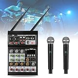 PxkVrin Karaoke-Audio-Mixer, 4-Kanal-Mixer, mit Kabellosem Dual-Uhf-Mikrofon, mit Zwei Drahtlosen Mikrofonen, Soundboard-Konsole Bluetooth, für Karaoke-Party-Computer-Studio.