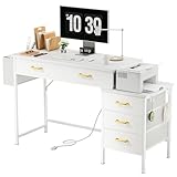 CHOWGOLI Schreibtisch mit 5 Schubladen, Computertisch mit Steckdosen und USB-Ladeanschluss, Schreibtisch mit Stauraum und Druckerständer, PC Tisch für Büro, Wohnzimmer, Schlafzimmer, Weiß, 130x45x78cm