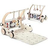 OESSUF 3 in 1 Baby Holz Lauflernhilfe Spielbogen Gym Spieldecke mit Sensorik Spielzeug, Drehzahl Lauflernwagen Spielbögen Baby Baumwolle Waschbar Rutschfest krabbeldecke für neugeborenes ab 0+ Monate