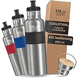 HiLo sports isolierte Trinkflasche Fahrrad Edelstahl 600ml - [Hält 12h warm & 24h kalt] Thermo Radflasche - Auslaufsichere Metall Fahrrad Trinkflasche mit 2 Verschlüssen