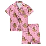 SUPTTING Mädchen Schlafanzug Atmungsaktiv Hautfreundlich Pyjama Kurzarm Kurze Hose, Knopfleiste Nachtwäsche Niedlich Verspielt, Bärchen-Muster Reverskragen Shortie Sommer Regular Fit