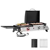 Grills House 3-Brenner Tragbare Propangas-Grillplatte mit Seitenbrenner, 3-in-1-Grill und Grillplatte Combo mit Deckel, Kochen im Freien, 29.000 BTU, Silber, PD1305H-SC