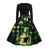 St Patrick's Day Damenkleid Langarm mit Retro Patchwork Druck A-Linie Schnitt für Festliche Anlässe modische Plus Size Outfits (Black, XL)
