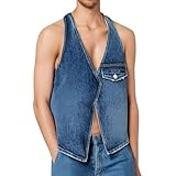 Celanisai Jeans Weste Herren Ärmellose Denim Vest Cowboy Asymmetrische Jeansweste Sexy Motorradweste Bodayshape Muskelweste Für Männer Casual Luftig Freizeitweste Mode Outdoor Laufweste