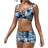 Damen-Bikinioberteil mit hoher Taille, Bauchkontrolle, Bikinihose, Kordelzug, Push-Up-Badeanzug, 2-teiliger Badeanzug, Damen-Bikini, vorne überkreuzt, zweiteilige Badeanzüge, Badebekleidung, Blau3,