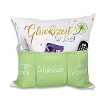 KAMACA Originelles Dekokissen Kissen mit 3 Taschen zum selber Befüllen Größe 43x43 cm tolles Geschenk für EIN gelungenen Sofaabend Filmabend (Glückszeit)