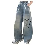 Generisch Jeans Mädchen Baggy Hose Teenager Cargohose Flared Jeans Patchwork Ski Hosen Kordelzug, lockere Passform Autumn und Winter