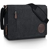 Leathario Umhängetasche Herren 15,6 Zoll, Messenger Bag aus Echtleder und Canvas, Arbeitstasche Studententasche Laptoptasche Zoll Schultertasche Kuriertasche Collegetasche Uni Studenten，Arbeit Schwarz
