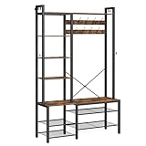 VASAGLE Garderobenständer mit Schuhbank, Garderobe, 5 Regalebenen aus Spanplatten, 9 Dreifach-Haken, 6 seitliche Haken, 40 x 120 x 190 cm, vintagebraun-tintenschwarz HSR426B01