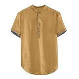 Henley-Hemden für Herren, kurzärmelig, lässig, Baumwoll-Leinen-Hemd, Knopfleiste, normale Passform, atmungsaktiv, leichte Ärmel, einfarbig, Innenbluse, Sommer-Kurzhemden