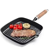 NQYZZFA Grillpfanne Aus Gusseisen, Vorgewürzte Quadratische Pfanne Aus Gusseisen, Mit Tropfausguss Und Holzgriff, Induktionsgeeignet, Grill- Und Ofenfest,22cm