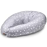 Niimo XXL 2-in-1 Schwangerschaftskissen & Stillkissen - 100% Baumwollbezug mit Faserfüllung, 100% Waschbar, Ergonomisch & Multifunktional, Grau mit weißen Sternen (200 x 70 cm)