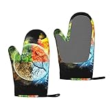 Silikon Hitzebeständige und rutschfeste Vier-Elemente-bedruckte Handschuhe - 2er Set zum Kochen, Backen und Grillen mit isoliertem Schutz