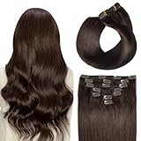 SUYYA Clip in Extensions Echthaar, Salon Remy Menschenhaar Extensions Echthaar Gerade Glatt Chthaar Extensions Clip Doppelt Genäht 14 Zoll 35cm 7 Stück 70G #2 Dunkel Braun