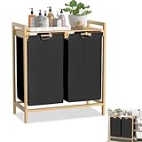 YRHome Wäschekorb Bambusrahmen 2 Fächer 36L 73 x 64 x 33,5cm Wäschesammler mit Ablage Wäschesack Wäschebox aus Oxford-Gewebe Wäschesortierer Holz Wäschesäcken für Waschküche Schlafzimmer - Schwarz