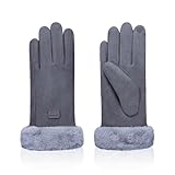 Feelorna Frauen Winterhandschuhe, 360° Winddichte Plüsch Manschette Thermische Touchscreen Handschuhe, Fleece gefütterte weiche Handschuhe für Outdoor Fahren Radfahren (Grau)