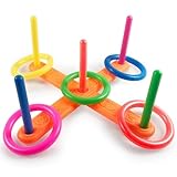 Tokaneit Ringwurfspiel Kinder Outdoor, Wurfspiel Ringwurfspiel, Spielzeug Werfen, Wurfspielzeug für Kinder mit 5 Spielstäben und 5 Bunt Ringe Werfen, Geschicklichkeits-Spiel für Kinder und Erwachsene