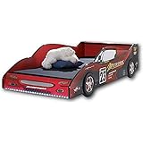 METEOR Rennauto-Bett mit LED-Beleuchtung 90 x 200 cm - Aufregendes Autobett für kleine Rennfahrer in Rot-Schwarz - 97 x 56 x 216 cm (B/H/T)