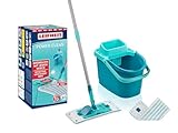Leifheit Set POWER CLEAN, Wischer für Alle, rückenschonender Bodenwischer mit Reinigungsklingen, Wischtuchpresse, Wischmopp Set mit Eimer und 2x Mikrofaser Wischbezüge für alle Hartböden, Click-System
