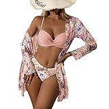Litthing Damen Bikini Set mit Schalbluse, Push up Verstellbar Crossover Ties-up Neckholder Bikinioberteil Gedruckt High Waist Bikini Bademode Bauchweg Swimsuit