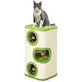 PawHut Kratztonne, 76 cm hoch Katzentonne mit 3 Höhle, Kratzbaum mit Marienkäfer-Spielzeug, Katzenturm aus Sisal, Katzenhöhle Katzenhütte für Katze bis 5 kg, Grün+Cremeweiß