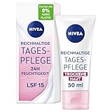 NIVEA Reichhaltige Tagespflege 24h Feuchtigkeit (50 ml), Gesichtscreme für trockene Haut mit LSF 15, feuchtigkeitsspendende Tagescreme mit natürlichem Mandelöl