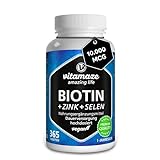 Biotin hochdosiert 10.000 mcg + Selen + Zink für Haarwuchs, Haut & Nägel, 365 vegane Tabletten für 1 Jahr, Nahrungsergänzung ohne Zusatzstoffe, Made in Germany