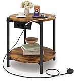 IRONCK Beistelltisch rund, Couchtisch mit Steckdose, Kleiner Tisch Holz, Wohnzimmertisch 2 Ablagen,Sofatisch,USB & Type-C-Anschluss, Metallrahmen, Nachttisch für Schlafzimmer (Vintagebraun, 1 Stück)