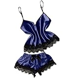 Bringbring_Bluse für Damen, Spitze, große Größe, Bowknot Babydoll, sexy Dessous, Spitze, Sleepwear Set, marine, M