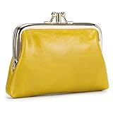 Karoukee Echtes Leder Geldbörse für Frauen, Kleine Münzbörse mit 2 separaten Fächern, Elegante Damen Portemonnaie, Goldener Kuss-Schloss-Verschluss, Gelb