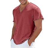 Herren Leinenhemd mit V-Ausschnitt,T-Shirts Henley Shirt Kurzarm Basic T Shirt Männer Beiläufig Unterhemden Sommerhemd