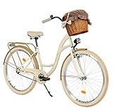MILORD Damenfahrrad Citybike Komfort Mit Weidenkorb Vintage Fahrrad, 26, 28 Zoll, 1-Gang (Creme-Braun, 28 Zoll)