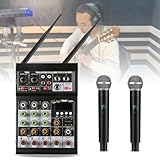 PxkVrin 4-Kanal-Mixer, mit Zwei Drahtlosen Mikrofonen, Soundboard-Konsole Bluetooth-USB-DJ-Mixing, für Karaoke-Party-Computer-Studio.