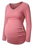 GINKANA Umstandsshirt Langarm Basic Top Rüschen Seiten Knöpfe T-Shirt für Schwangere, Rose, Mittel