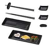 Sushi Platte mit Dipschalen, Sushi Geschirr mit Stäbchen, Japanese Sushi Teller, Asiatisches Geschirr Set, mit 2 Paar Essstäbchen, 2 Essstäbchenablagen, 2 Teller, 2 Dipteller, Schwarz