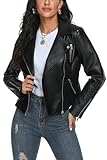 Fahsyee Damen Kunstlederjacke, Motorrad Übergröße Moto Biker Lederjacke Reißverschluss Mantel Kurz Leicht Vegan Mode, Schwarz XXL