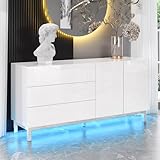 LUXOAK Sideboard Hochglanz Weiß mit LED, Modernes Wohnzimmer Sideboard mit 2 Türen & 3 Schubladen, Kommode mit elektroverchromten Akzenten, 160 x 76 x 40 cm