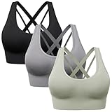 HBselect Sport BH Damen Starker Halt Träger Gekreuzt Rücken Große für Fitness Lauf Yoga Gepolstert Bustier Cross Back Push up BH L Schwarz Grün Grau