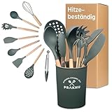 Küchenhelfer Set Silikon, 8-teiliges Silikon Kochutensilien Kochbesteck Set - Küchen Zubehör mit Hitzebeständigem Holzgriff - Mit Aufhängeschlaufe - FDA-Zertifiziert - Grau