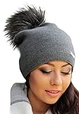 Solvera_Ltd Damen Mütze Winter, Herbst Beanie mit großem Kunstfellbommel, Frauen Beany Strickmütze Elegante Wintermütze mit Bommel Grau Dunkelgrau Beige Blau Rosa (Dunkelgrau)