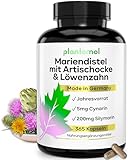 JAHRESVORRAT: 365 Mariendistel Artischocke Löwenzahn Kapseln - nur 1 Kapsel pro Tag - 250mg Mariendistel-Extrakt mit Silymarin + 200mg Artischocken-Extrakt mit Cynarin & 50mg Löwenzahn-Extrakt - vegan