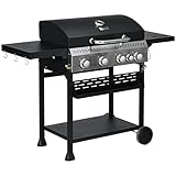 Outsunny Gasgrill 2,5 kW Grillwagen mit 4+1 Brenner, Thermometer, BBQ Grill mit Rollen, Seitenablage, Haken, Regal, Campinggrill für Garten, Balkon, Schwarz