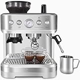 Acekool Espressomaschine, 2.3 L Wassertank 15-Bar-Extraktionsdruck, Espresso Siebträgermaschine mit integriertem Mahlwerk und professioneller Milchschaumdüse für Cappuccino Latte, Silber, edelstahl