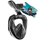 Schnorchelmaske Erwachsene Vollmaske, 180°Vollgesicht Tauchmaske / CO2 Sicherheit, Anti-Beschlag- und Anti-Leck-Technologie mit Verstellbaren Kopfbändern, Kompatible Sportkameras (Schwarz, L/X)