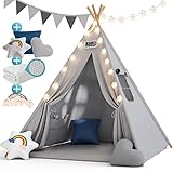 Spielwerk® Kindertipi Spielzelt Baumwolle 130x130x160cm Bodenmatte Girlande Lichterkette 3 Kissen Holz Stabilisierung Tragetasche Kinderzelt blau