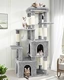 Globlazer Kratzbaum Grosse Katzen Stabil 156 cm hoch Katzenbaum mit 2 Luxus Höhlen, Große Gepolsterte Sitzstangen, Sisal Kratzsäulen, Katzenspielzeug, Katzenturm für Große Katzen (F61, Hellgrau)