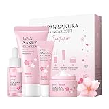 Rosarden Sakura Geschenke Set für Teenager-Mädchen und Frauen, Feuchtigkeitspflege Hautpflege Set, Gesichtspflege Set mit Cleanser, Serum, Augencreme und Creme (4-tlg)