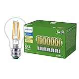 Philips Ultra Efficient LED Bulb, Energieeffizienzklasse A, mit E27 Sockel, 60 W, klar, warmweiß 2700 K, 6er Pack, Weiß